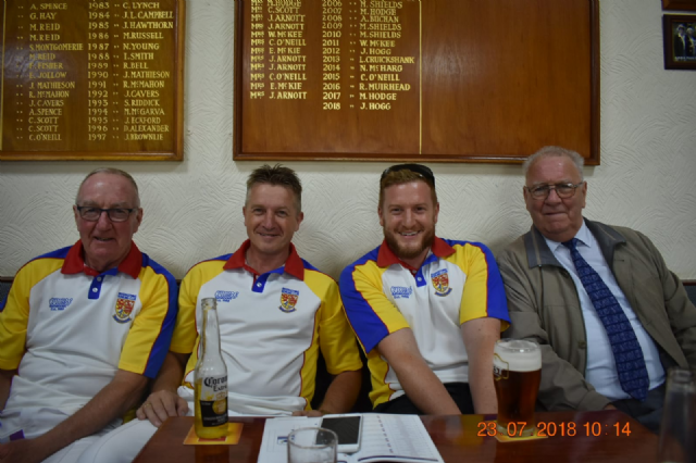 Jerry Moriarty and Stevie Marshall Sen relaxing in the clubhouse at Ayr along with Stevie Marshall Jnr and Bert Lumsden prior to taking part in the Senior Rink 2018