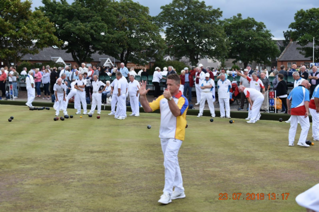 Stevie Marshall Sen playing in the Senior Rink at Ayr 2018 along with Jerry Moriarty, Andy Clark and Gordon Bruce (S). The team were beaten in the 2nd round by the eventual winners after a good result in the 1st Rd.